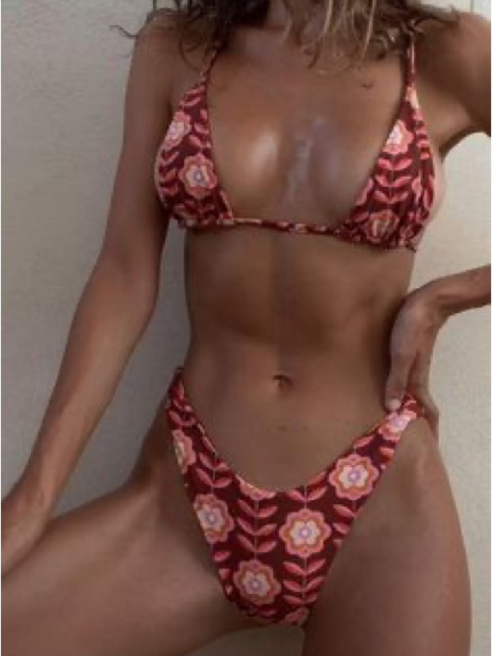 Floral Triangle Bikini Set in Brown and Pink